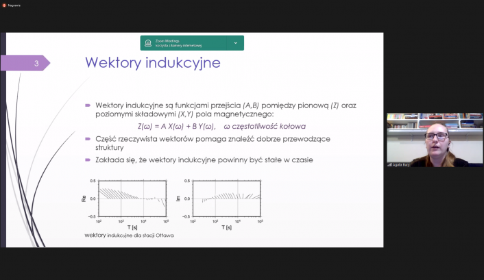 dr Agata Bury w trakcie obrony rozprawy doktorskiej on-line oraz slajd z prezentacji, fot. screen, DP