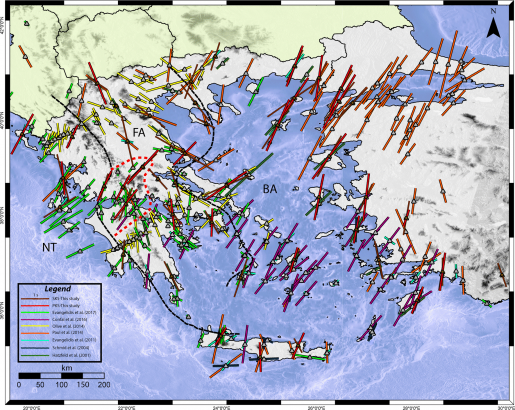 Station-averaged splitting results from the available SWS analysis studies in the Greek region by Hatzfeld et al. (2001), Schmid et al. (2004), Evangelidis et al. (2011), Olive et al. (2014), Paul et al. (2014), Confal et al. (2016), Evangelidis (2017) and the current study. The mean values at each station are represented with a different color for each study (see legend) and indicate the fast direction (φ) and the time-delay (δt). The three anisotropic zones, according to Evangelidis (2017), are superimposed
