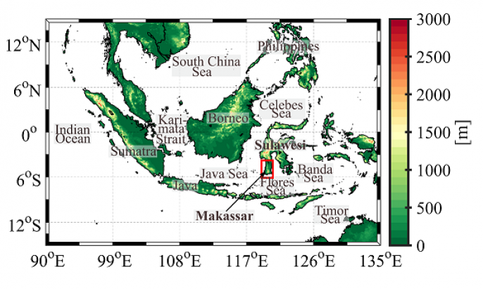 Map:
Orography (m) of the Western and Central Maritime Continent. Significant locations referred to in the main text are marked.
